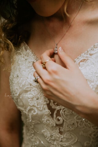 closeup of a bride's neckline.