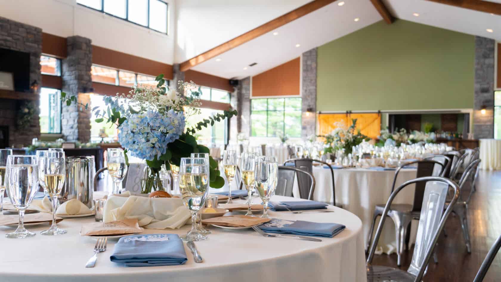 table decorated for wedding in lake view room.