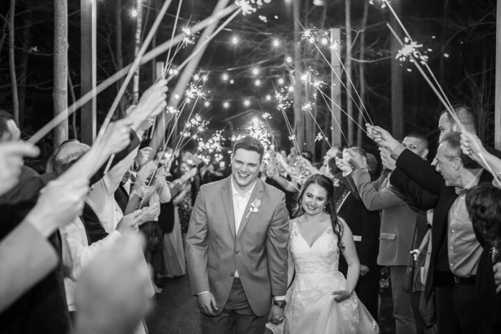 Black and white photo of a sparkler send-off