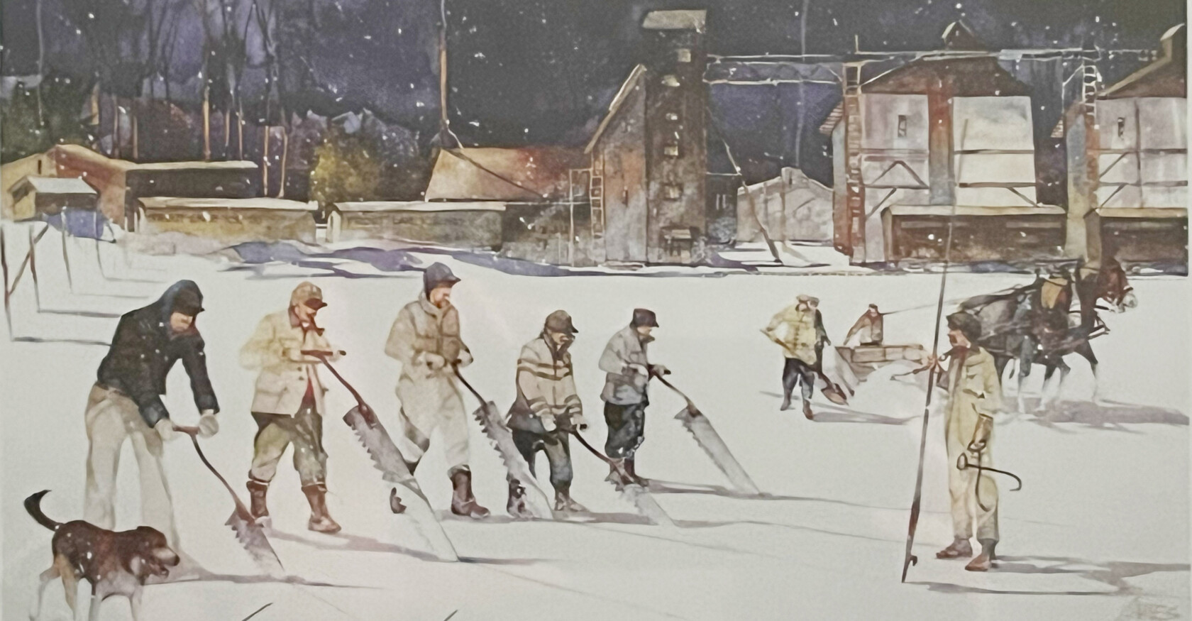 Artist rendering of the three story ice houses and workers carving ice on the lake.