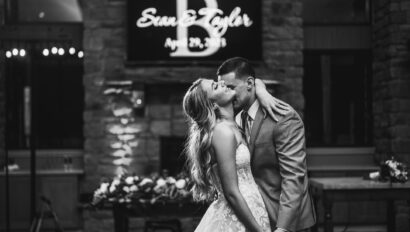 Bride and groom first dance in black and white