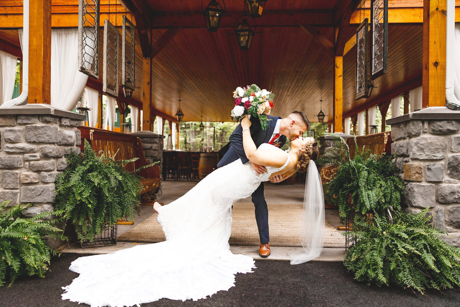 Couple embracing in the Pavlion Entryway