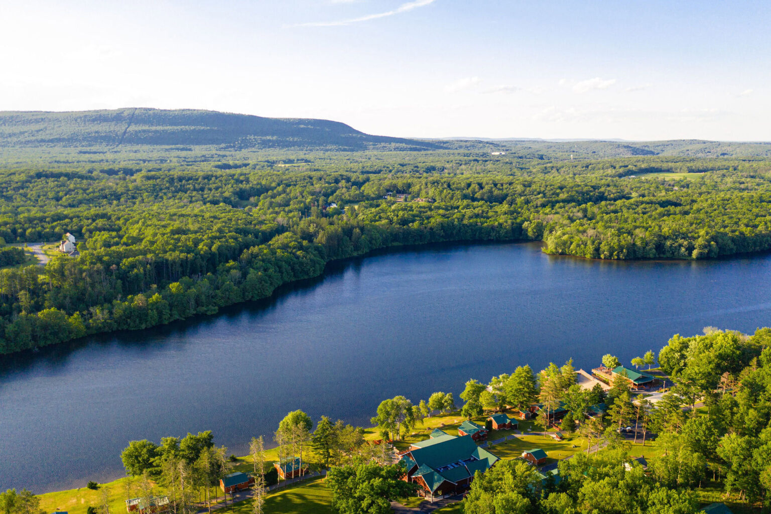 Aerial photo above Trout Lake shwoing the Pocono Mountains