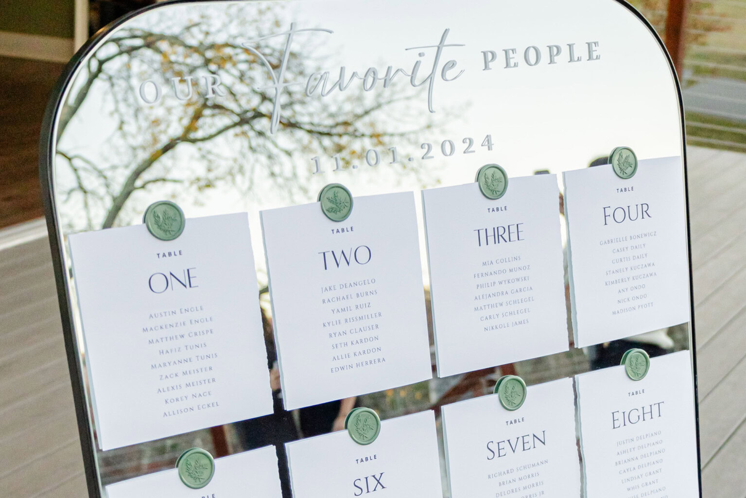 Seating chart on a mirror.