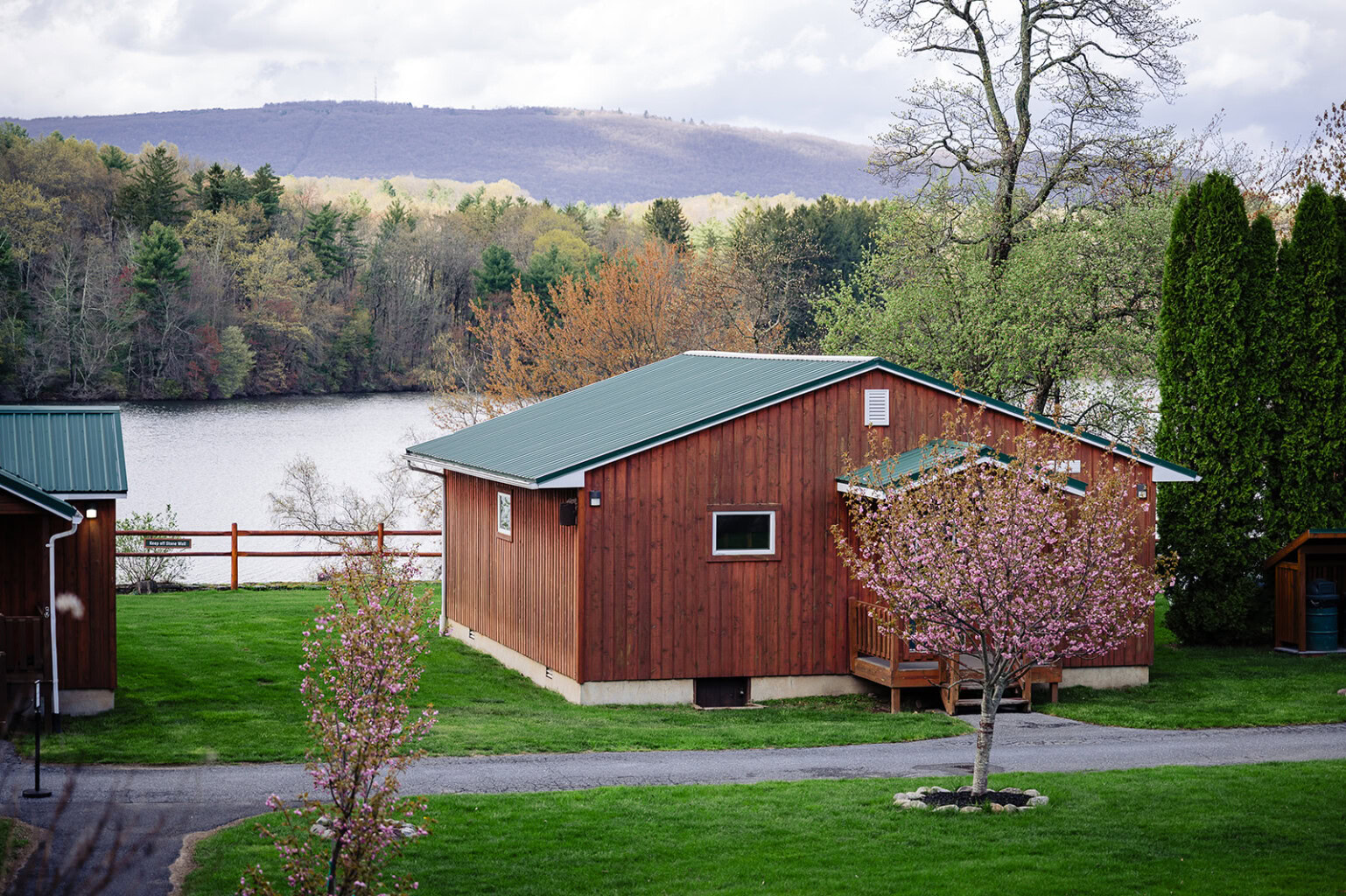 Lakeside cabin exterior shot