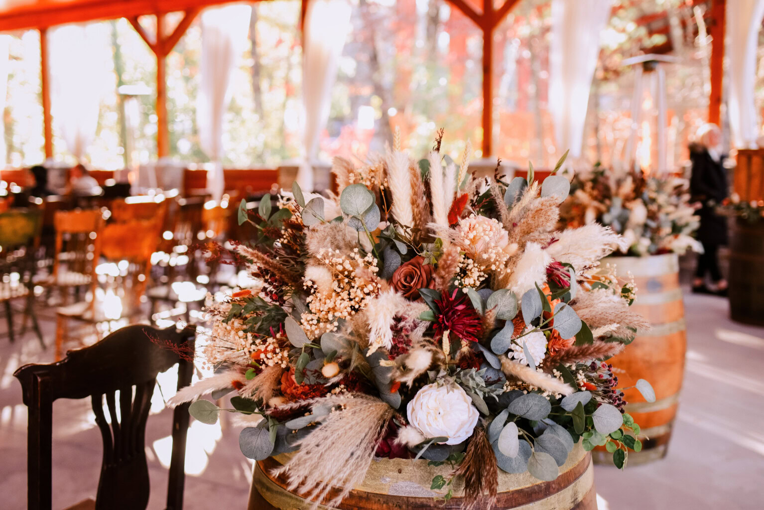 Flower display on barrel in pavilion